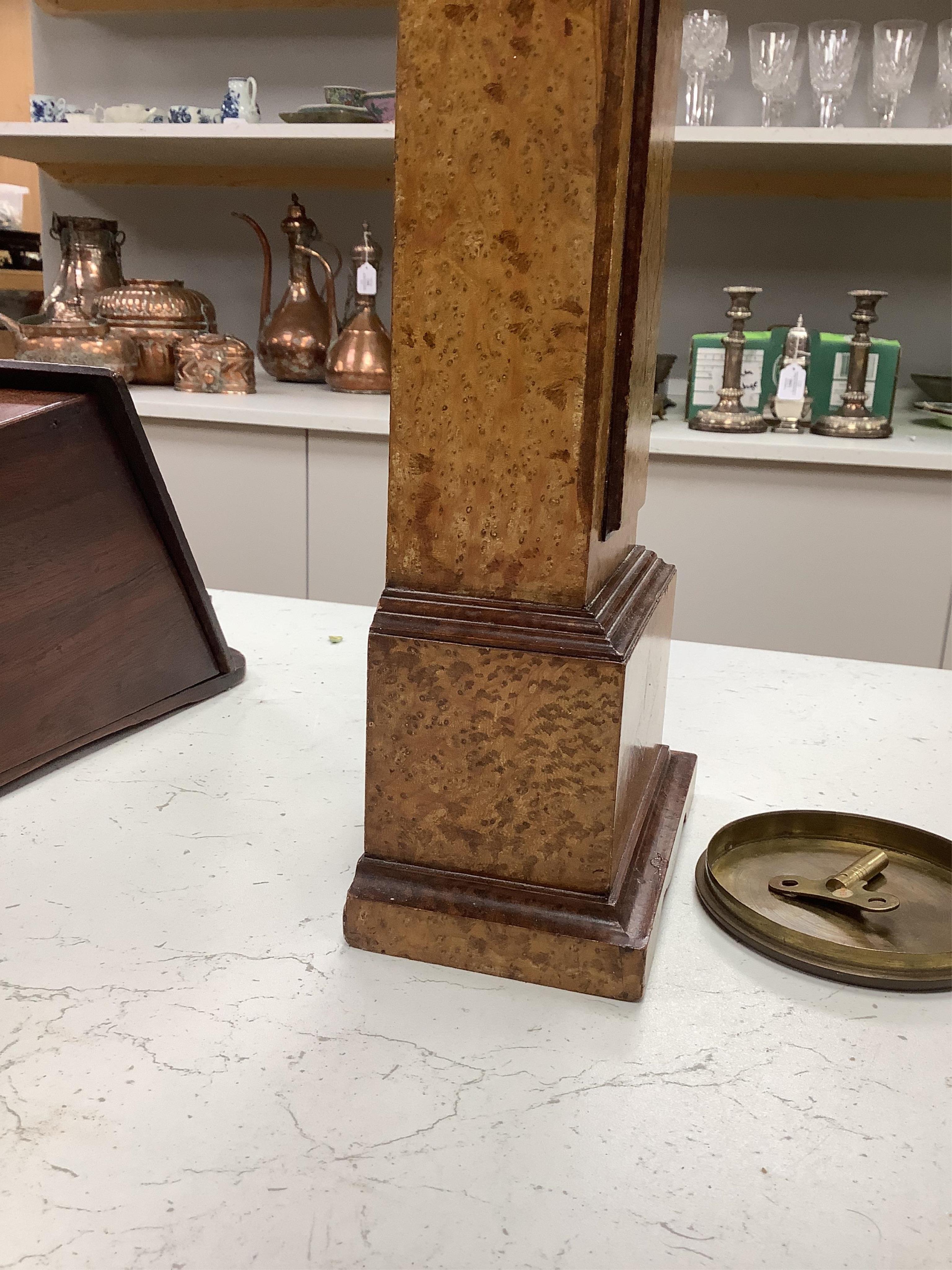 A small French amboyna model of a longcase timepiece, with key, 44cm high